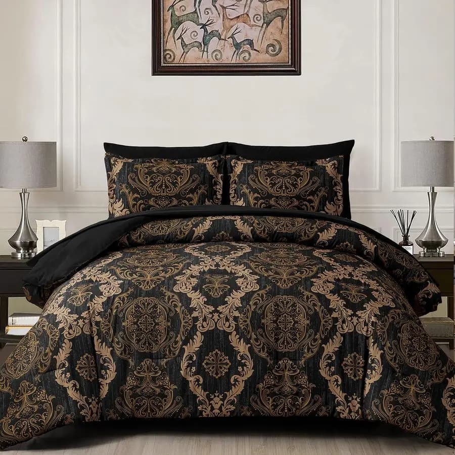 Set Copripiumino Nero King Size, Texture Damascata Oro, 7 Pezzi, Set Letto Completo in Microfibra, 1 Copripiumino, 1 Lenzuolo Piatto