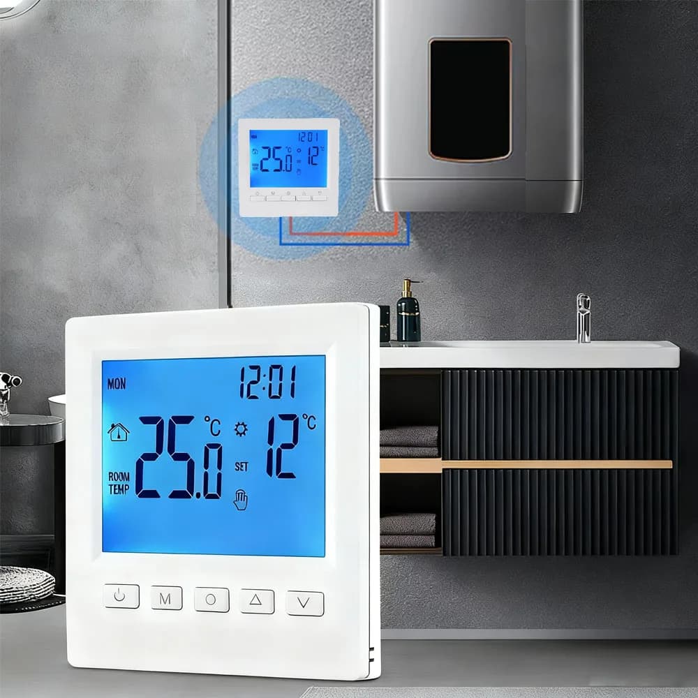 Termostato retroilluminato intelligente Batteria a bassa potenza Caldaia a gas per acqua Caldaia a gas Regolatore di temperatura per riscaldamento/raffreddamento con blocco bambini