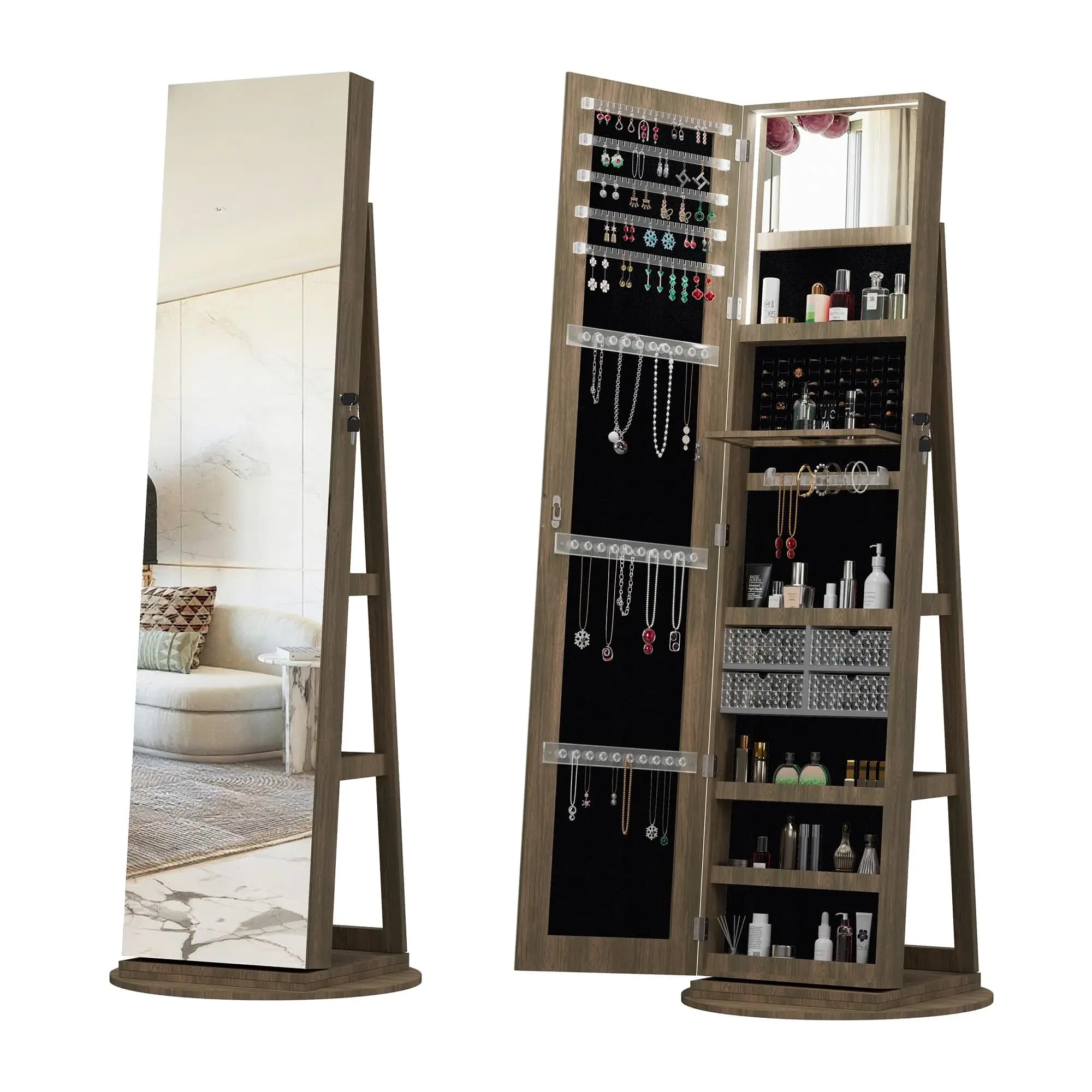 Standing Jewelry Armoire With Full Length Mirror 360 Rotation Lockable Organizer Interior Light Hooks Ring Slots Shelves