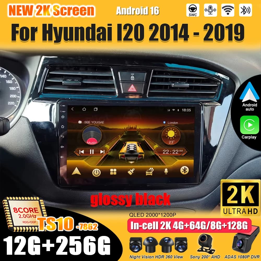 Per Hyundai I20 2014 2015-2018 2019 Lettore Multimediale Android 16 con Navigazione GPS, Mirror Link, Touch Screen, Wifi, RDS, 5G
