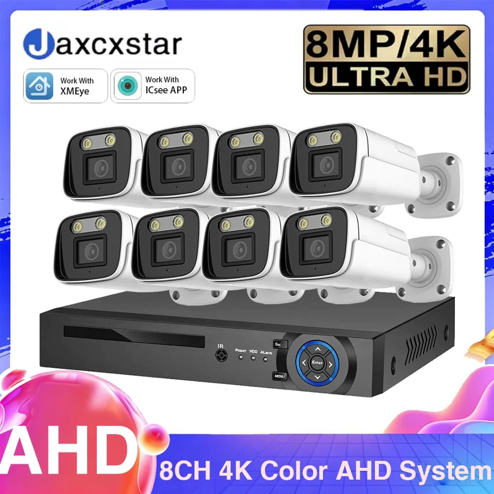 Kit di videosorveglianza CCTV con DVR AI a 8 canali, telecamere AHD 8MP 4K, visione notturna a colori, registrazione audio, rilevamento volti umani, per esterni.