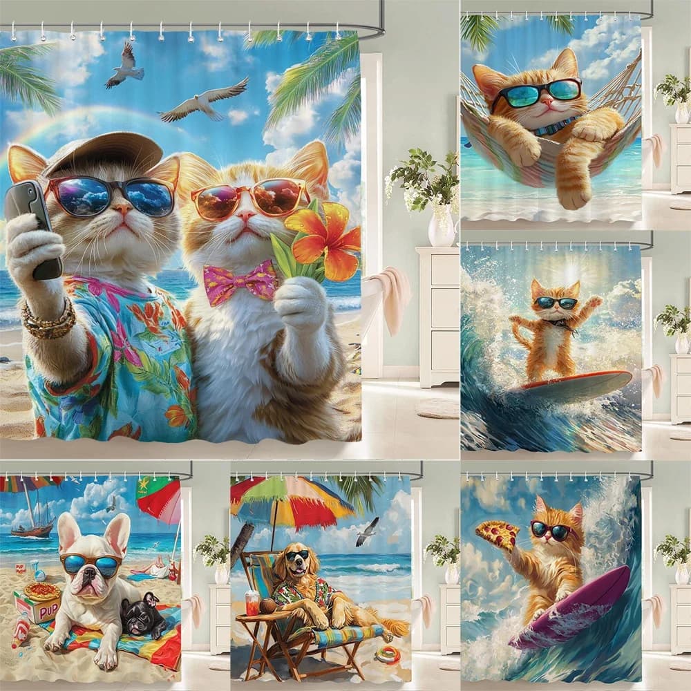 Tenda da doccia in tessuto per gatti e cani da spiaggia divertente e creativa, tende da bagno in poliestere impermeabile per decorare il bagno con ganci