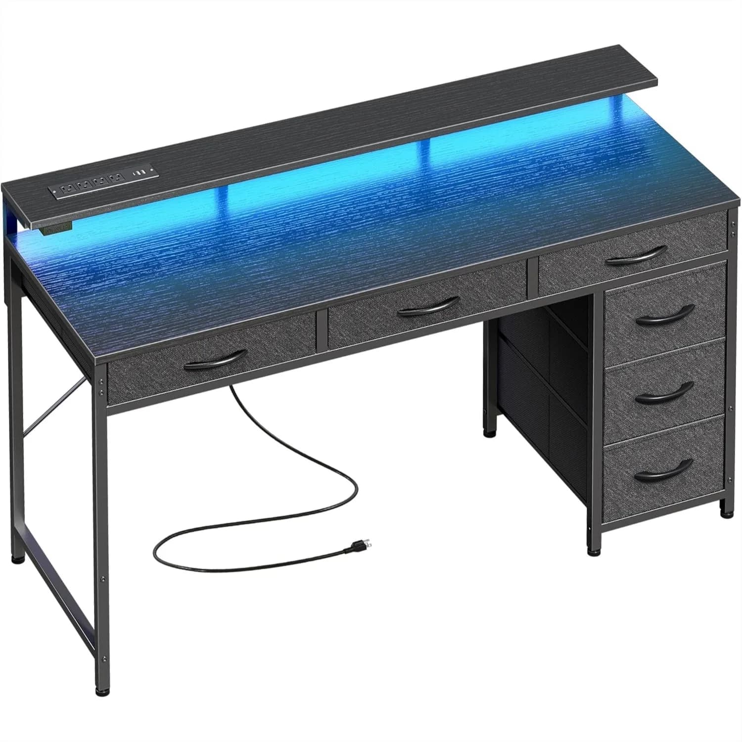 Scrivania da Gaming con 6 Cassetti, Scrivania per Computer da 47 Pollici con Luci LED, Prese di Corrente e Porta USB-C, Scrivania da Ufficio con Supporto Monitor, per Scrittura
