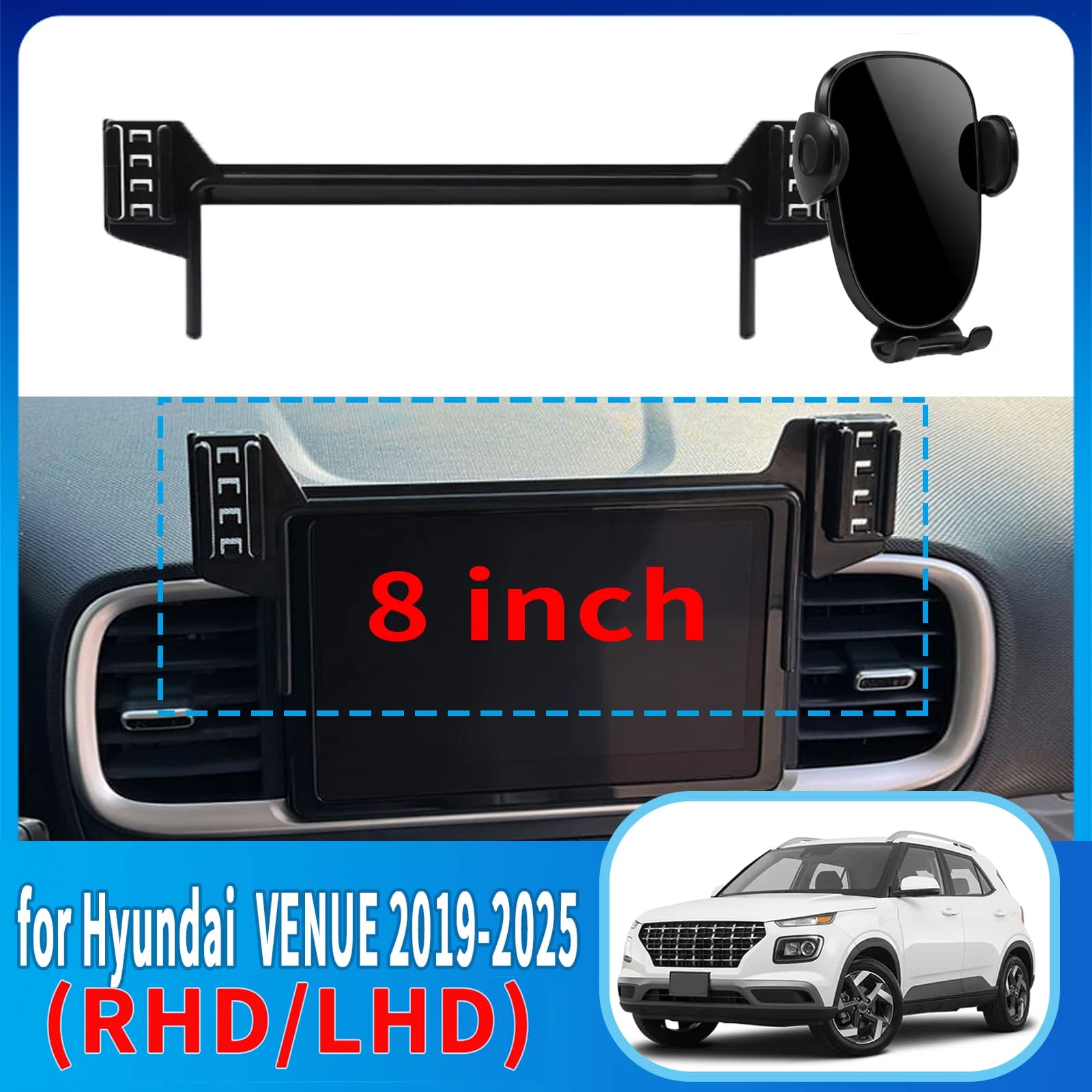 Per Hyundai VENUE 2019-2025 (8 pollici) ​ ​ Supporto per Telefono con Base Antivibrazioni e Schermo Integrato ​ ​ Auto Dedicata ​ ​ accessori