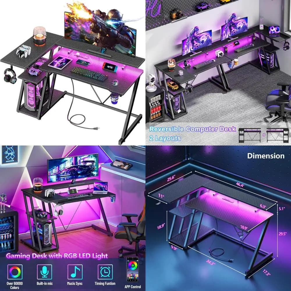 Scrivania da Gaming in Fibra di Carbonio 47 con Luci LED, 3 Ripiani, Presa di Corrente e Supporto Monitor per Ufficio Domestico