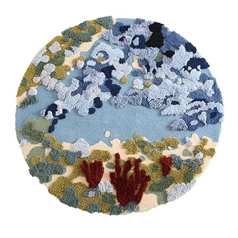 Tappeto Rotondo con Motivo Oceanico, Tappeto in Lana Fatto a Mano, Morbido e Spesso per Soggiorno, Camera da Letto, Tappeto Decorativo di Lusso per Tavolino e Comodino