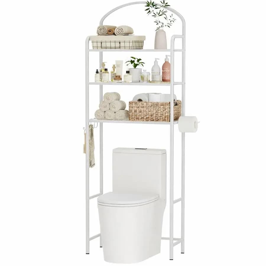 Organizzatore da bagno a 3 livelli sopra il WC, salvaspazio, scaffale portaoggetti sopra il WC con 4 ganci e porta carta igienica, in metallo S