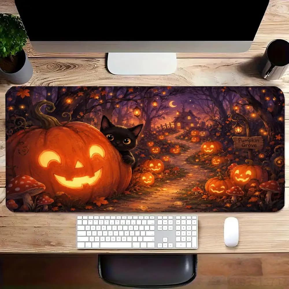 Halloween XXL Mouse Pad – Extended Desk Mat with Glowing Pumpkins, Black Cats & Haunted Forest for PC Laptop Office Gaming