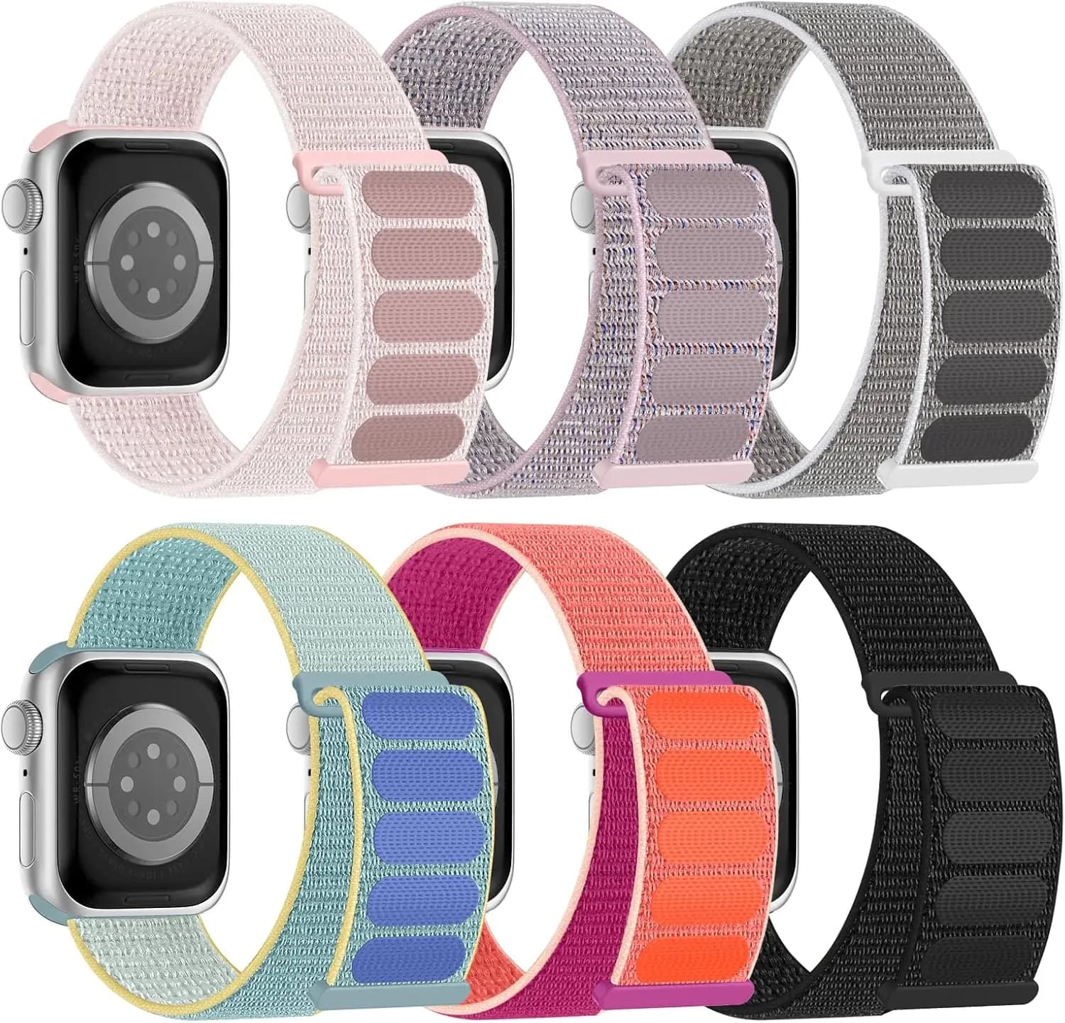 Set of 6 Nylon Sport Straps for Apple Watch 38-49mm, Adjustable and Breathable Bracelets for Men and Women
