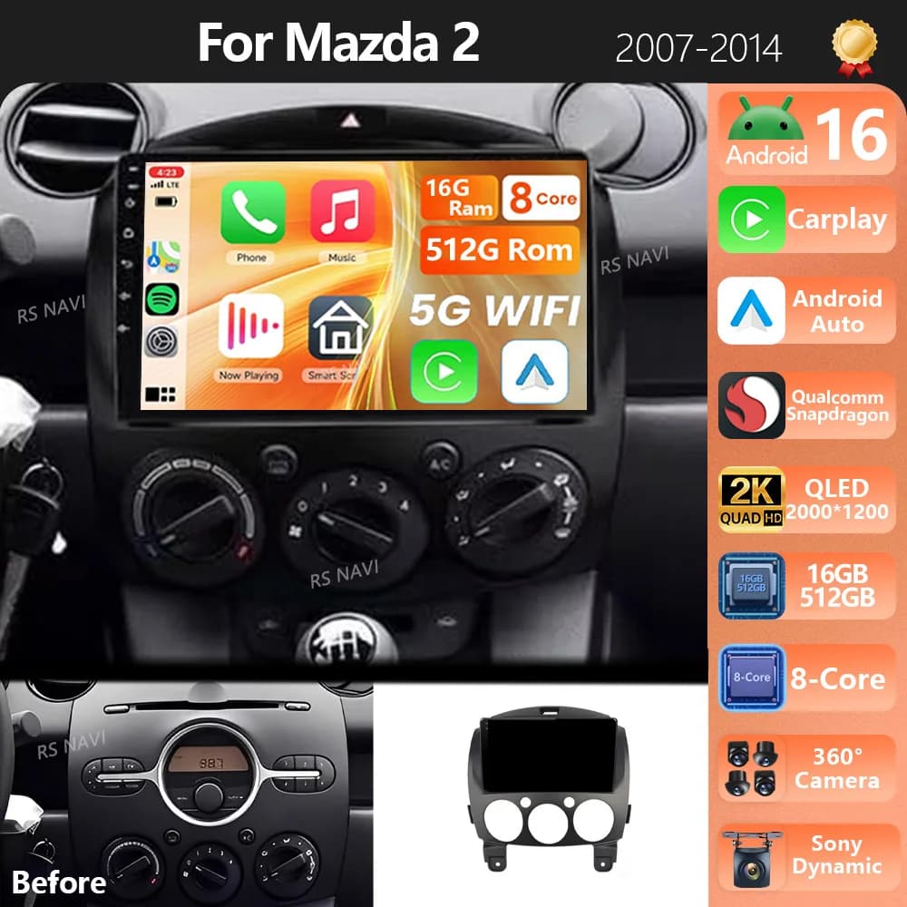 Autoradio Android 15 con Carplay, Schermo 2K, Lettore Multimediale per Mazda 2 2007-2014, WIFI+4G, Stereo 2din Snapdragon
