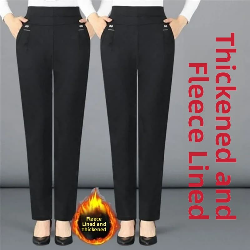 Thickened Fleece High Waist Straight Leg Pants for Middle-Aged And Elderly Women Casual Comfortable plus Size Mom Jeans