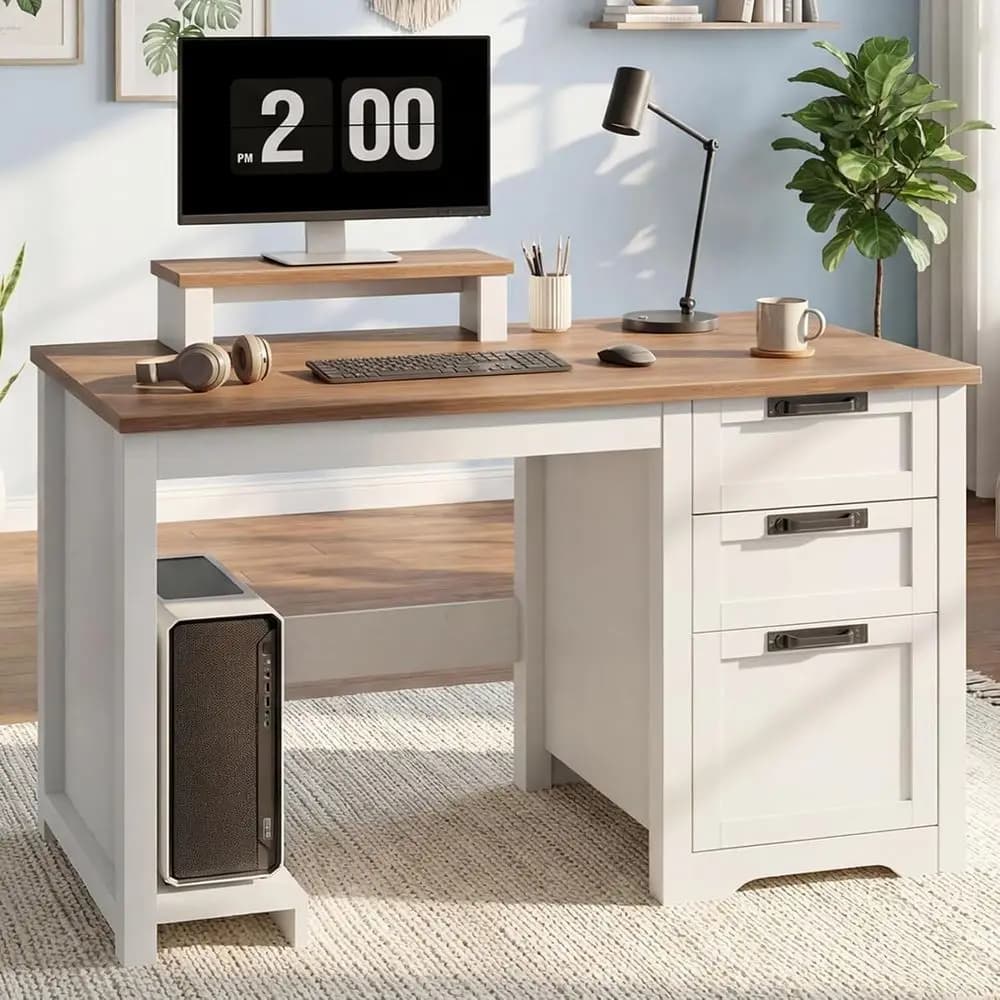 Scrivania per computer da 47,2 pollici con ripiano regolabile, scrivania direzionale reversibile a 3 ripiani con supporto per monitor mobile e supporto per case PC