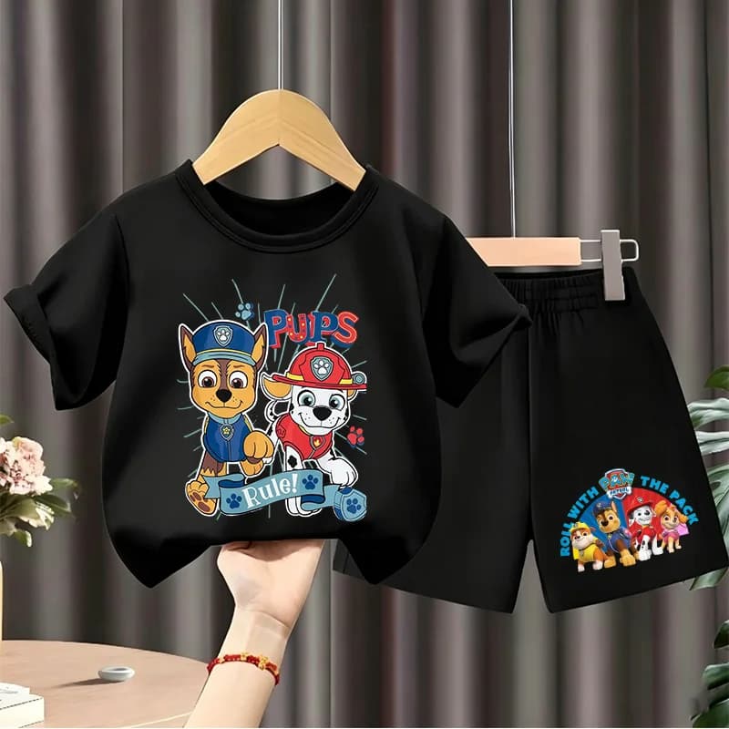 Boys Black Paw Patrol Chase Marshall Print 2Pcs Tracksuit Kids Summer Cotton T-shirt Shorts Outfit Set