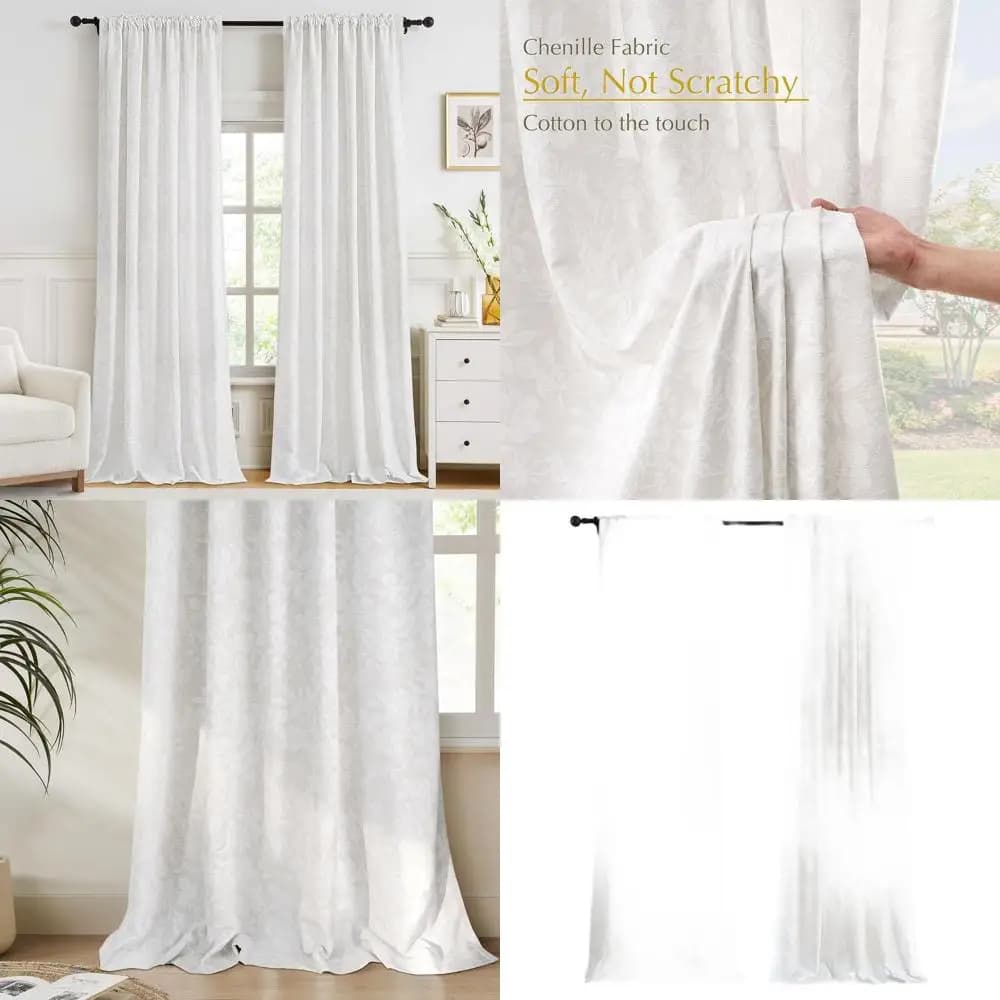 Boho Style Floral Curtains, 108 White Pollyci Cream for Living Room, Set of 2 Panels with Light Filter