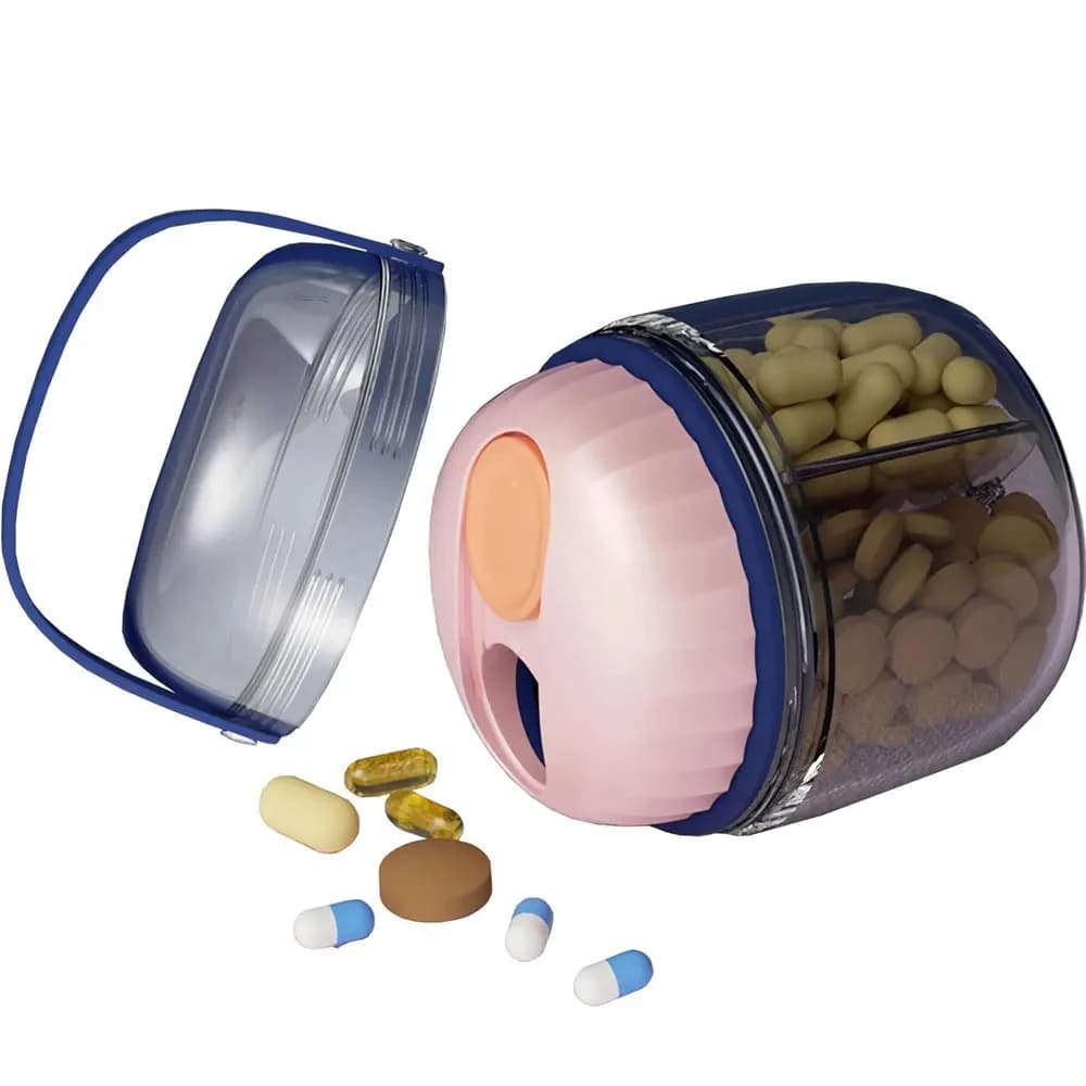 Portable Dispenser for pills, vitamin organizer, 4 compartments, wide openings, contains supplements