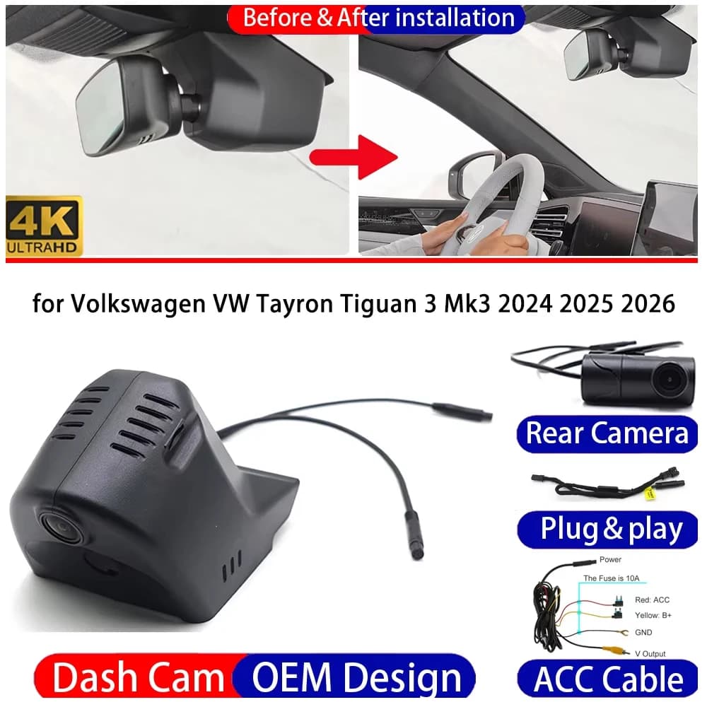 Dash Cam for Volkswagen VW Tayron Tiguan 3 Mk3 2024-2026 Front＆Rear 4K DVR Dashboard Camera Video Drive Recorder Night Vision