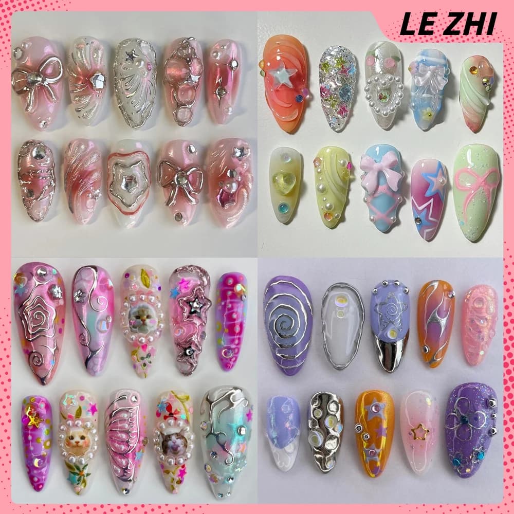 10 pezzi fatti a mano 3D fiore fiocco gel acrilico unghie finte dipinto a mano mandorla ballerina stampa sull'unghia colorato Aurora regalo per feste per unghie