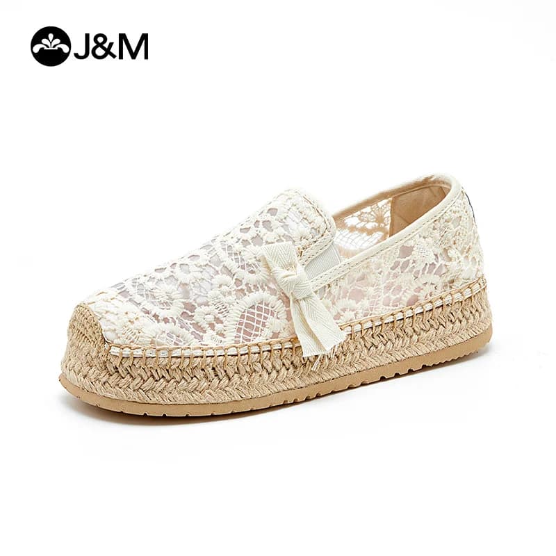 Joy & Mario Platform woman moccasins shoes fisherman Summer Lace Mesh espadrillas breathable Slip-On shoes Casual Sneaker Black