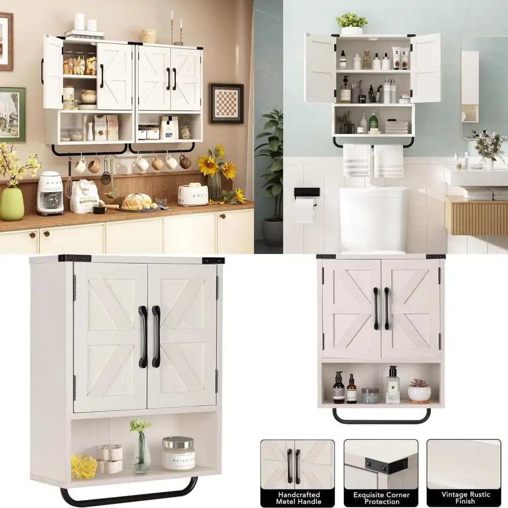 Mobiletto rustico a due ante da parete con ripiano regolabile e portasciugamani, a 3 livelli per cucina, bagno, soggiorno (rovere lavato)
