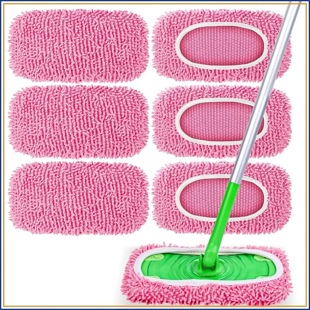 6 Pack Reusable Chenille Mop Pads for Flat Mops, Wet/Dry Floor Cleaning Cloths, Microfiber, Pink
