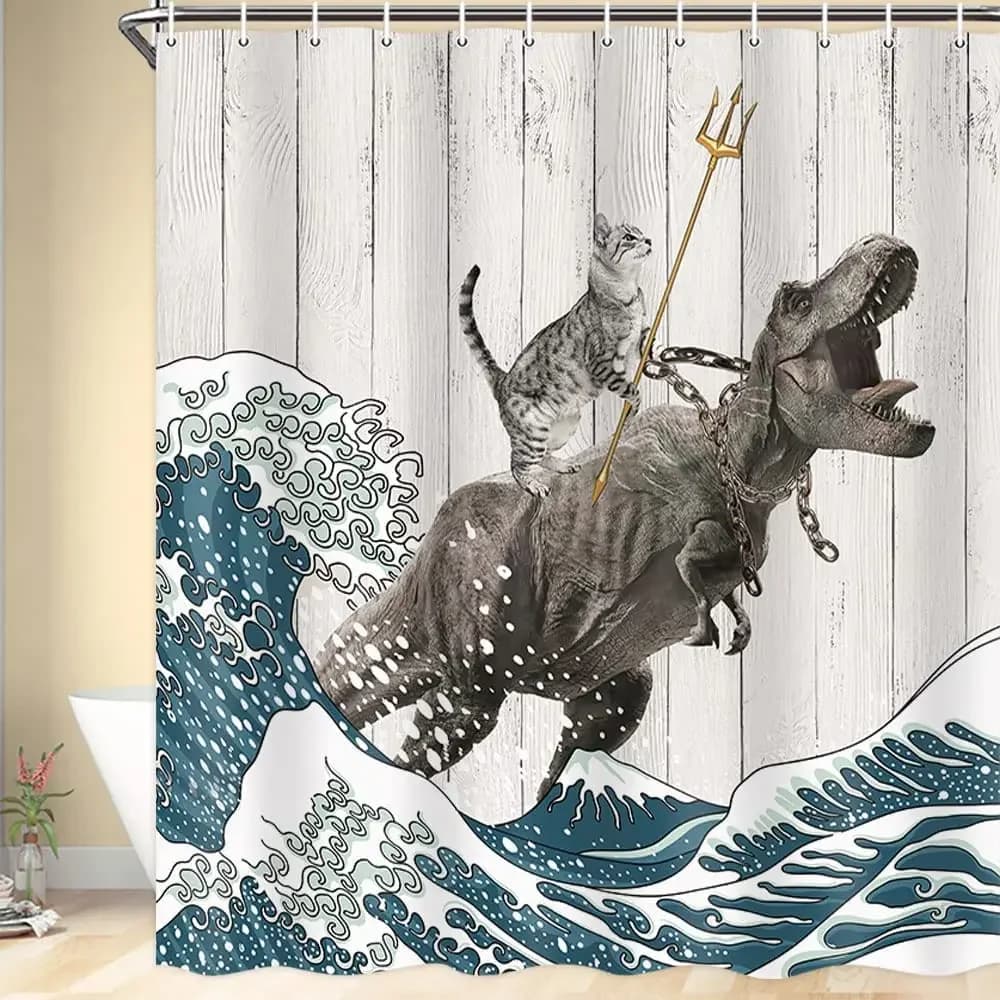 Tenda da doccia per gatti divertenti, tende da bagno in tessuto con decorazioni per onde dell'oceano giapponesi, dinosauro gatto fresco, tenda da bagno in legno rustico per bambini