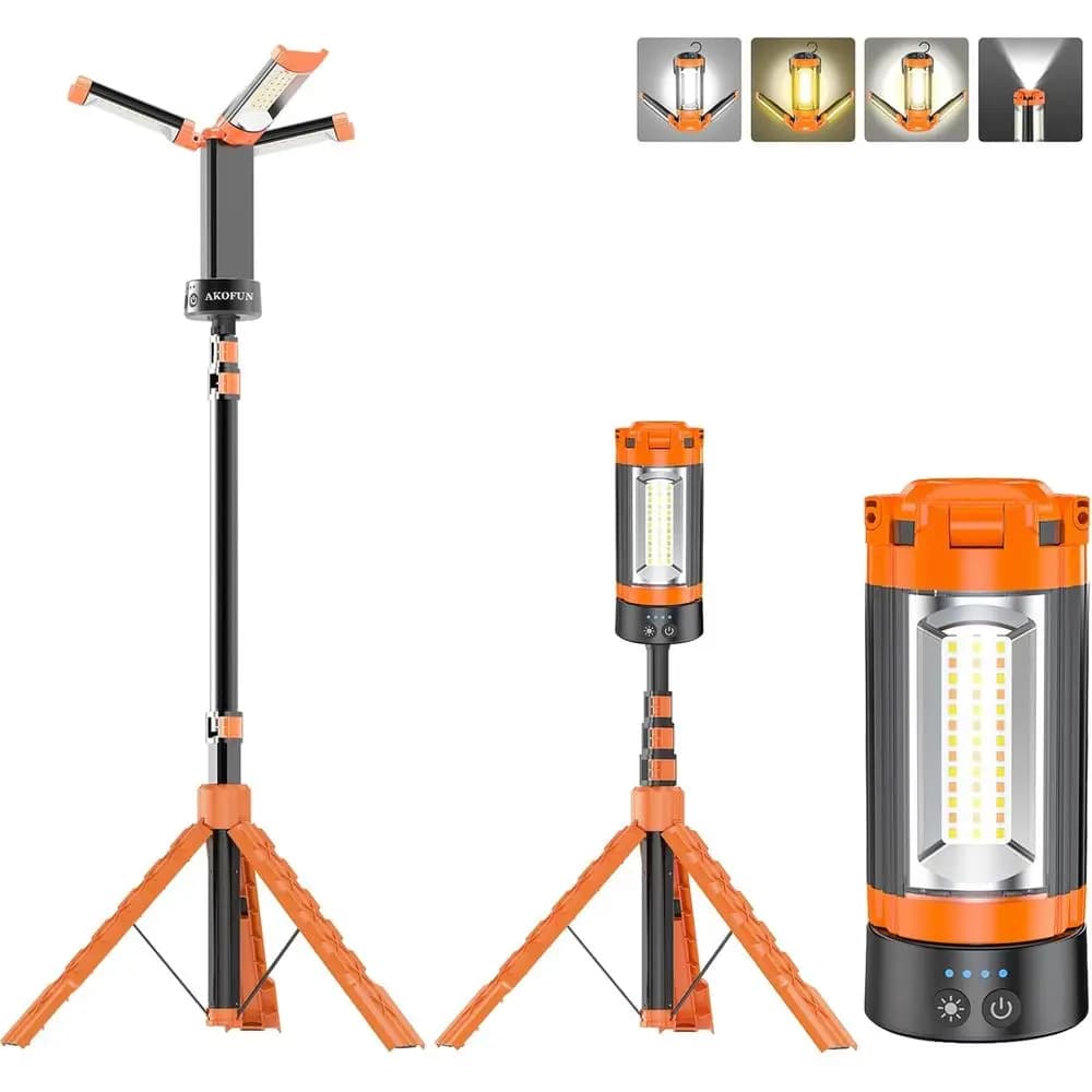 Lampada da Campeggio Portatile 12000mAh, Luce da Lavoro Ricaricabile 10000 Lumen, 3 Lampade LED, Treppiede Staccabile 79