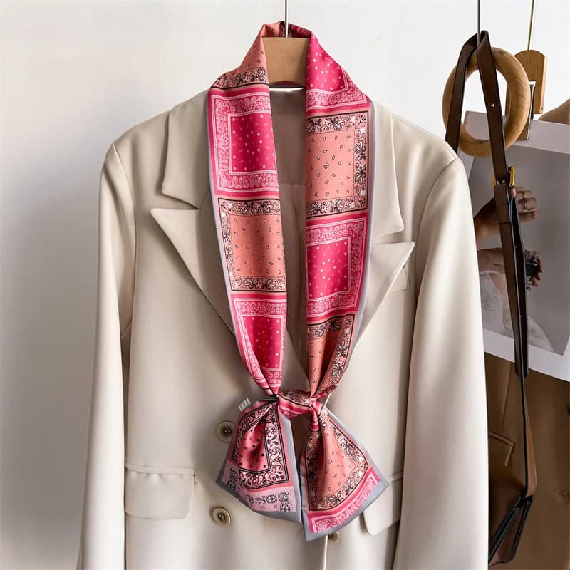 Sciarpa a doppio strato elegante, decorativa per borse, foulard piccolo e lungo, sciarpa in seta da donna stampata