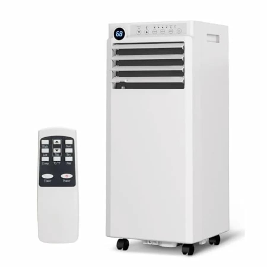 Portable Air Conditioners 10, 000 BTU for rooms up to 450 sq. ft., white ABS plastic housing, quiet cooling/dehumidifying/fan/s