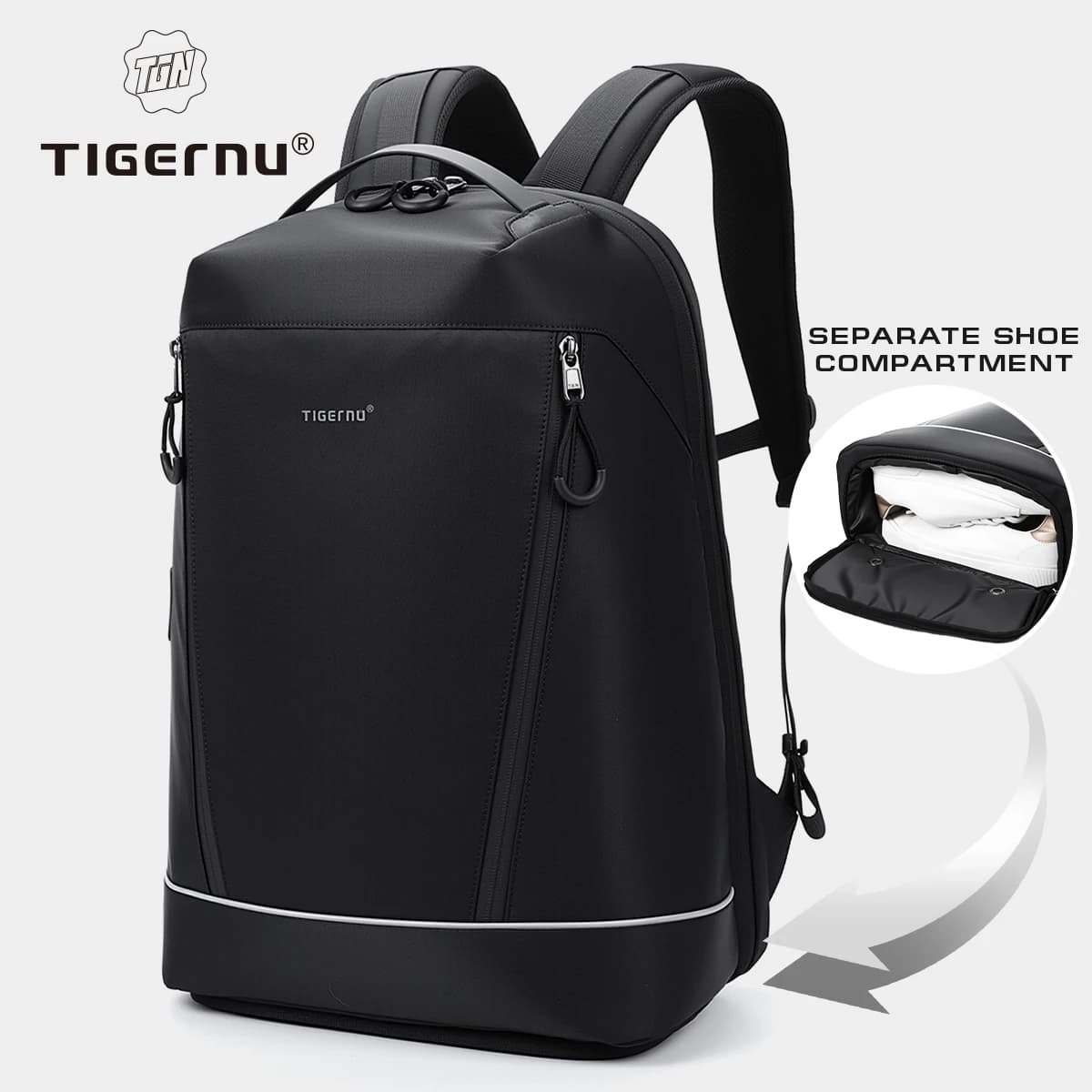 Zaino da viaggio Tigernu Fashion da uomo con tasca per scarpe 180 ° Zaino Scolastico da Uomo con Apertura Ampia, Zaino per Laptop, Borsa per la Scuola