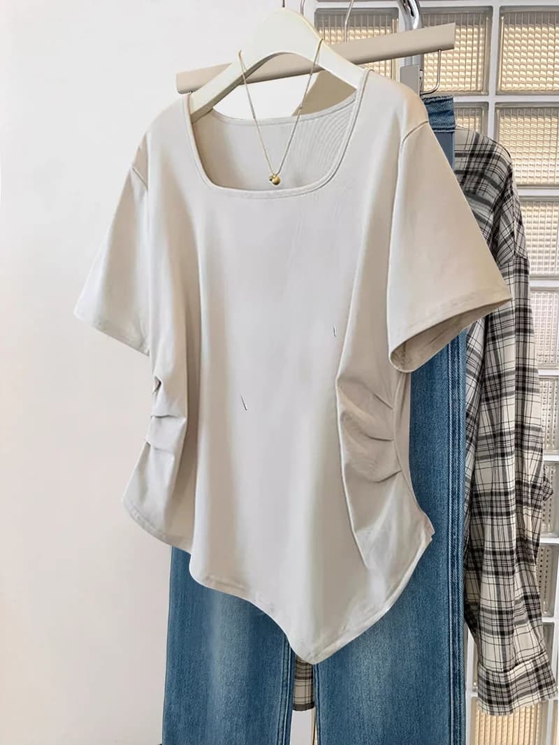 plus Size Women's Fishbone Short Sleeve T-Shirt Square Collar Slimming Design Casual Cotton Blend Moisture Wicking Top