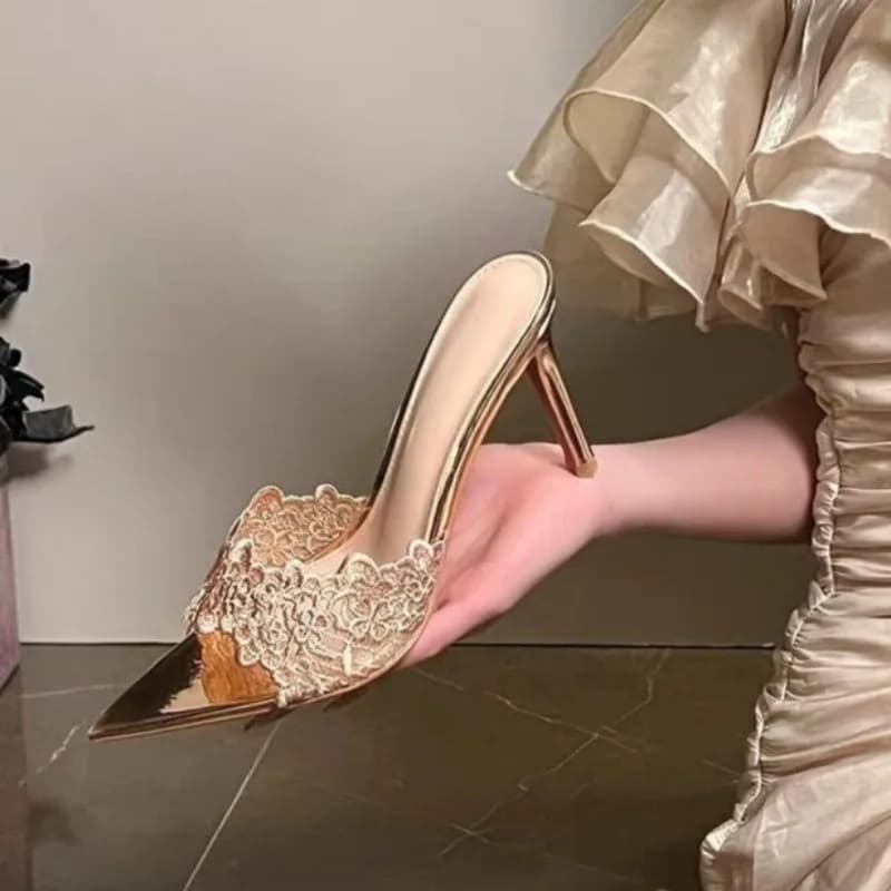 Temperament Stiletto Slippers Pointed Toe Embroidered Lace Breathable Non-Slip Heels