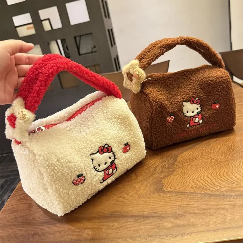 Kawaii Hello Kitty Large Capacity Lamb Fur Makeup Bag Portable Storage Bag, 3D Toiletry Bag A birthday gift for girls