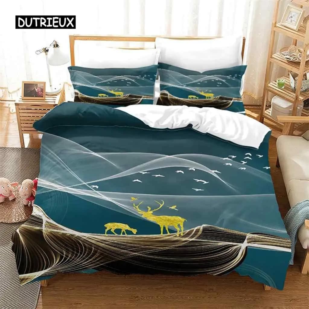 Set Copripiumino con Motivi di Uccelli e Alci Dorati, Set Biancheria da Letto in Microfibra con Disegni Astratti Geometrici, Copripiumino per Arredamento Camera da Letto