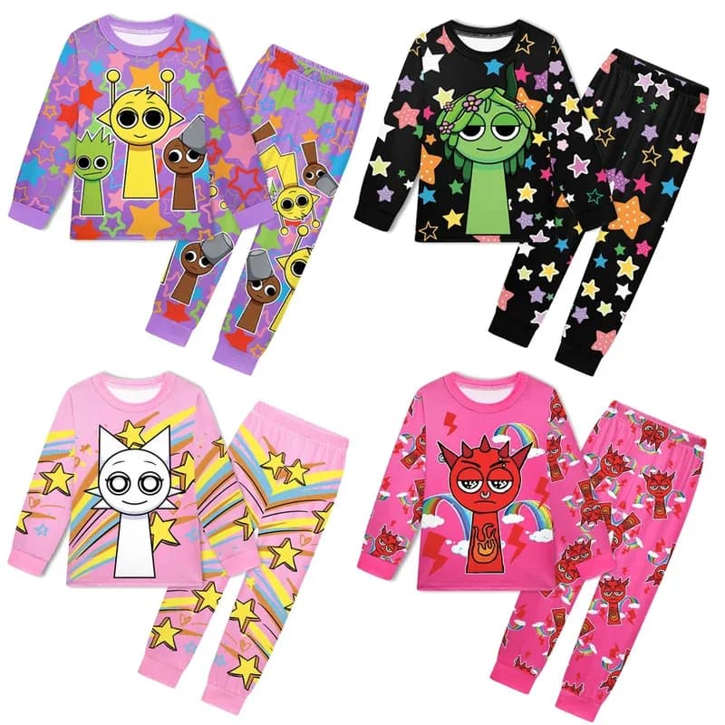 l2025l New Cosplay Sprunki Figure Cartoon Spring Autumn Kids Girls Teenagers Tshirt Trousers 2 pieces Pigiama Clothing Set Kids Top P