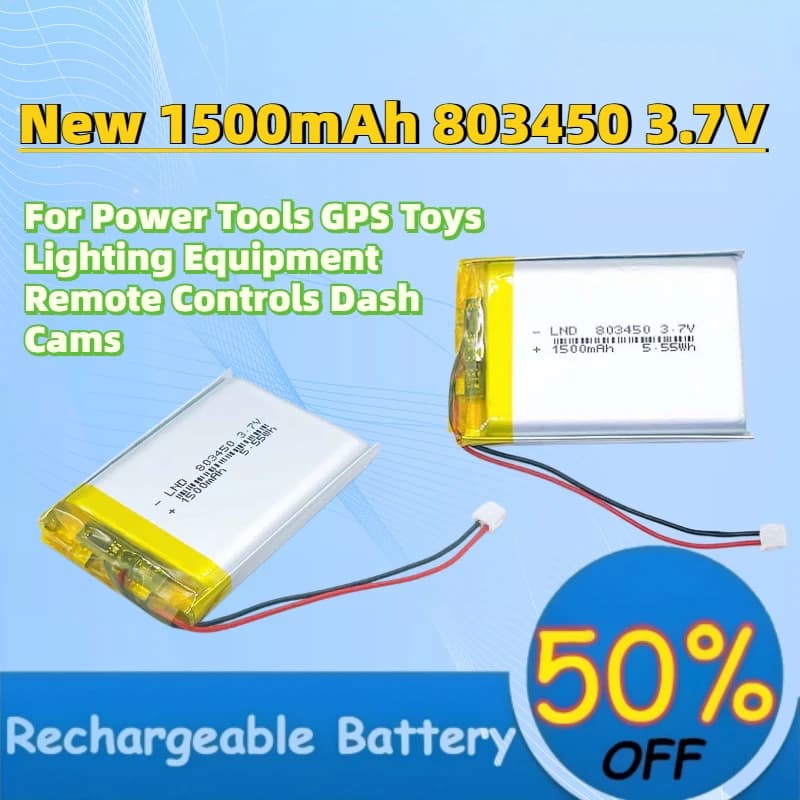 In Stock 1500mAh 803450 3.7V Li-Po Rechargeable Battery for Power Tools GPS Toys Lighting Equipment Remote Controls Dash Cams