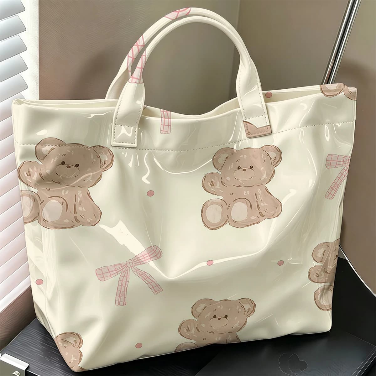 Brown Bear Pink Bows Fashion Large Glossy PVC Tote Bag Hand Washable Waterproof Perfect Travel Commute Cosmetic Storage Shopper