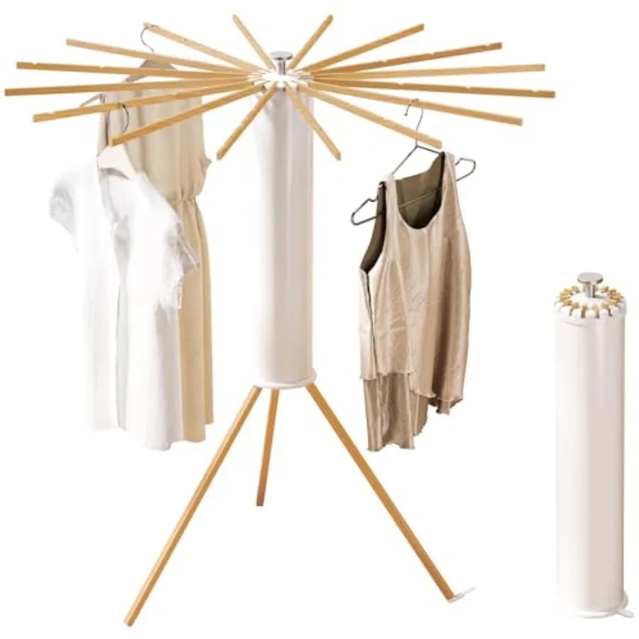 Foldable Tripod Clothes Drying Rack, Beechwood and Portable Laundry Stand, Space-Saving Collapsible Hanger with 16 Arms for Ind