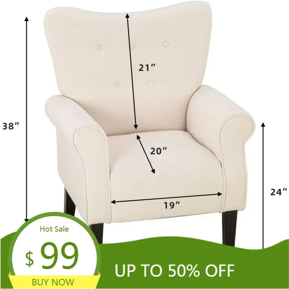 Poltrona contemporanea imbottita con schienale alto, dettagli in tessuto con bottoni e gambe in legno, per soggiorni e camere da letto, in beige.
