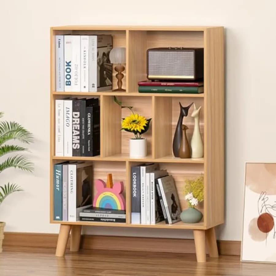 Libreria in Legno a 7 Cubi, Naturale, a 3 Livelli con Gambe, Organizzatore Moderno per Libri, Scaffale Espositivo Boho