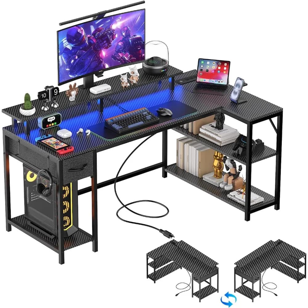 L-shaped gaming desk with power outlet and LED light, 47 inch reversible computer desk with CPU support, monitor support, drawer, Ho