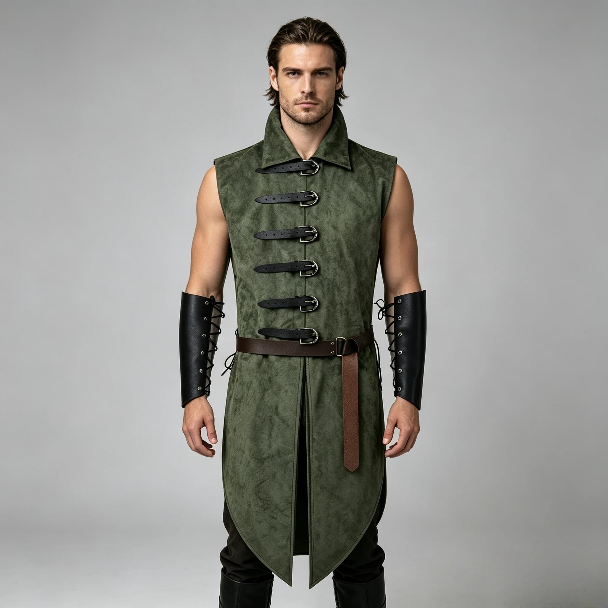 Men Medieval Retro Elf Long Vest Set Waist Cincher Wrist Guards Ranger Stage Cosplay Performance Costume