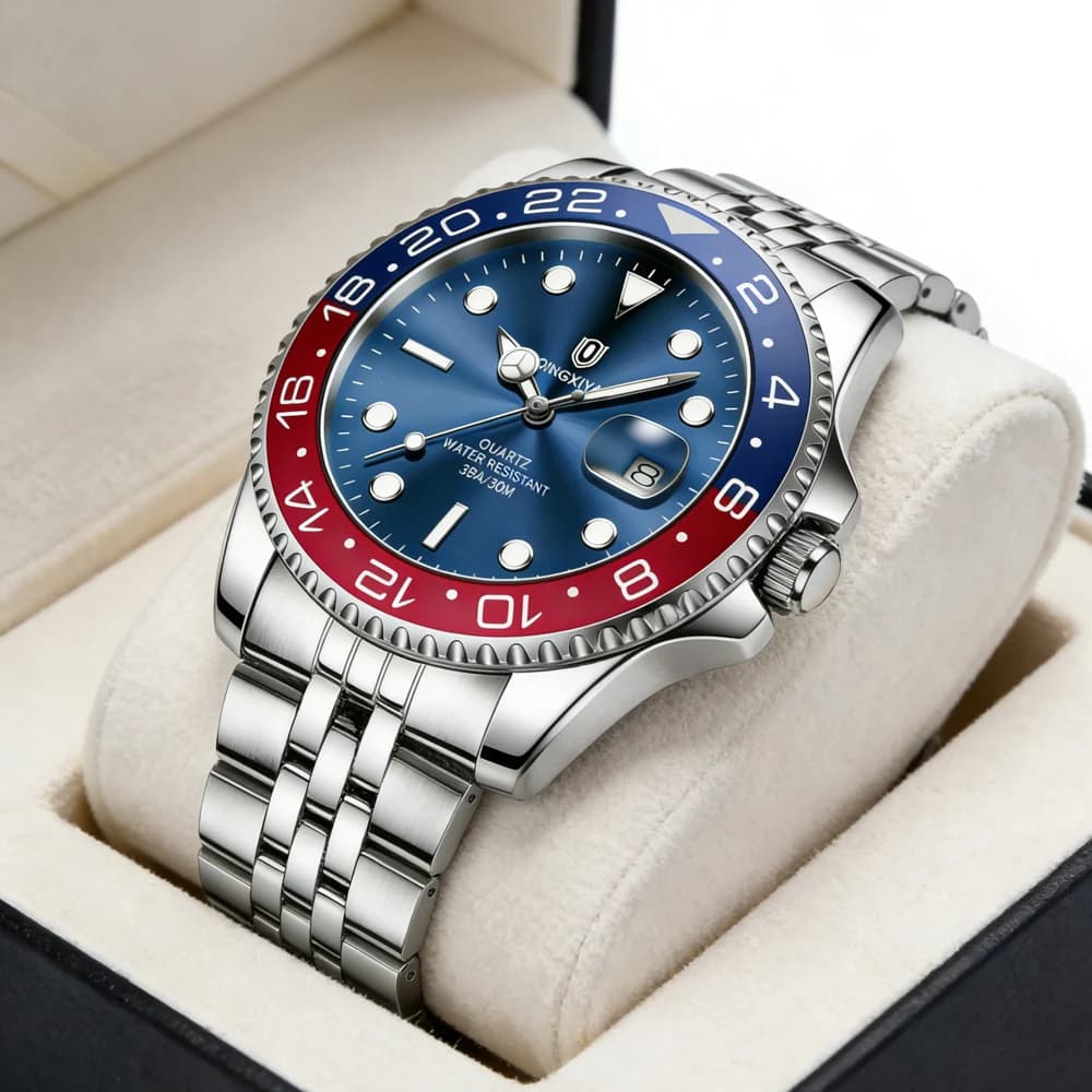 Orologio da uomo QINGXIYA nuovo di zecca, in acciaio inossidabile, classico, con lente d'ingrandimento rossa e blu, calendario, al quarzo