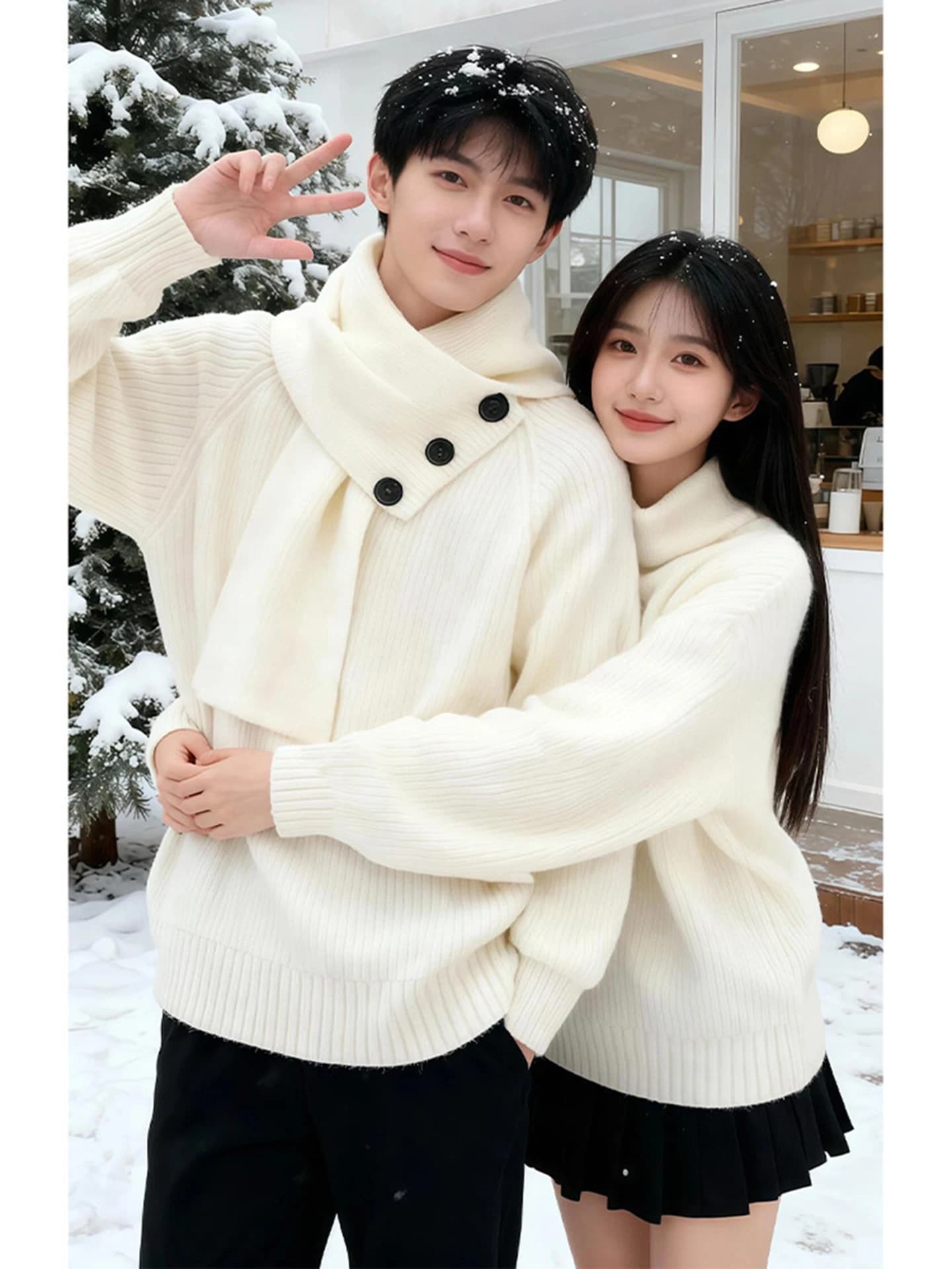 White Detachable Scarf High Collar Knitted Sweater Men's Style Autumn Winter Cleanfit Design Couple's Inner Wear Casual Loose...