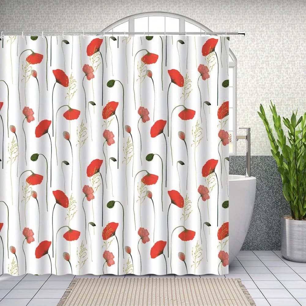 Tenda da doccia Red Poppy da 1 pezzo - Morbida motivo floreale ad acquerello, estetica minimalista con ganci in tessuto di poliestere lavabile in lavatrice