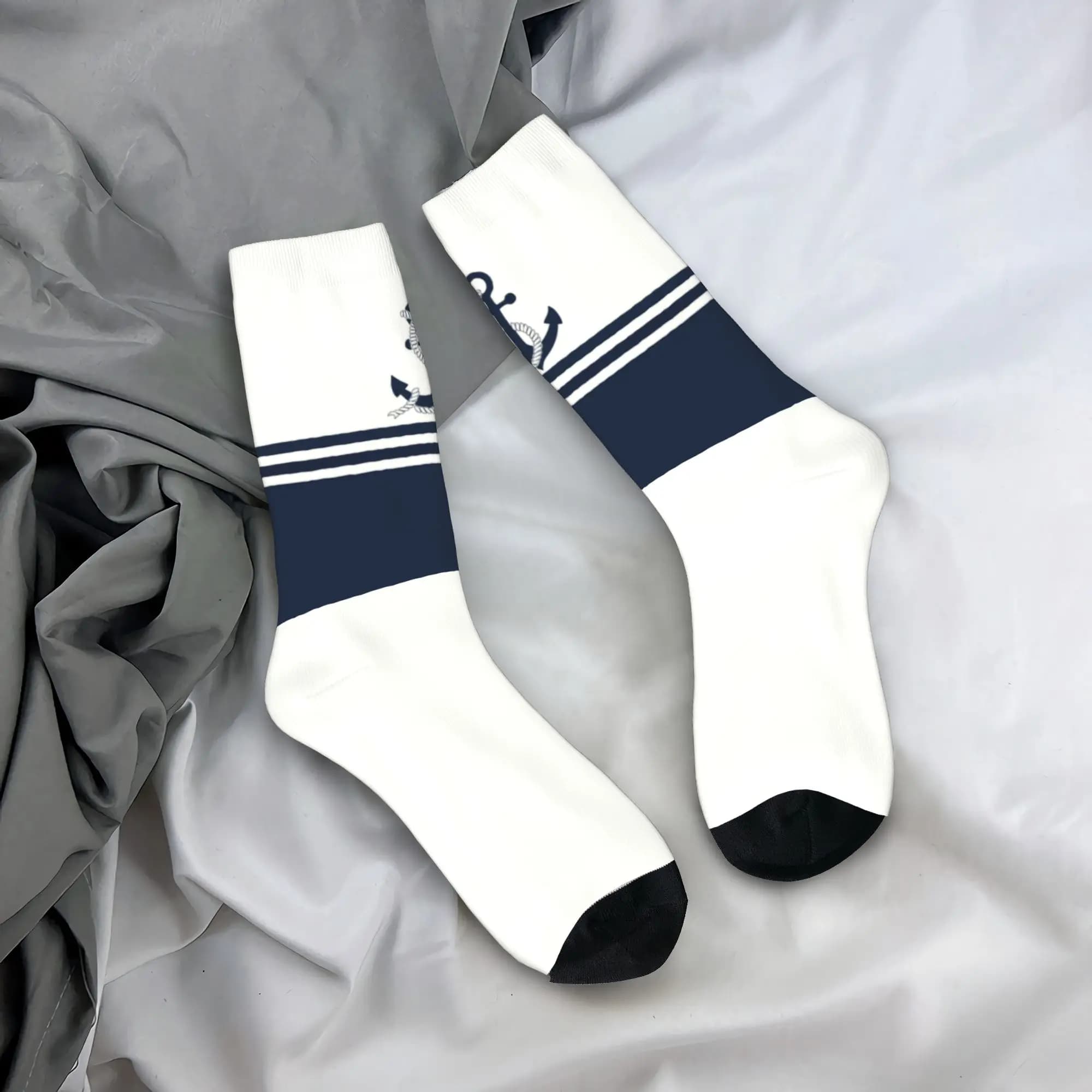 Calzini da Uomo Personalizzati Blu Navy con Strisce e Ancora Nautica, Unisex, Comodi e Caldi, Stampa 3D, Calzini a Mezza Gamba