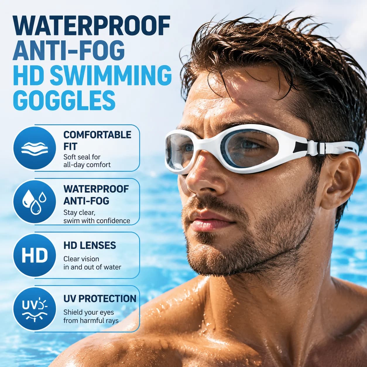 Men Women HD Anti-Fog Swimming Goggles & Silicone Swim Cap Set, Wide View Waterproof Comfort Swim Gear with Elastic Strap