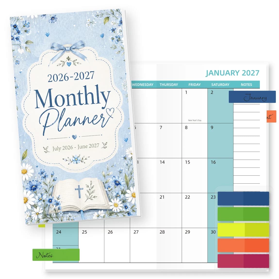 1PC A6 Monthly Planner Notebook, Light Blue Floral, 2026-2027 Calendar with Stickers or Index Tabs, for School & Office