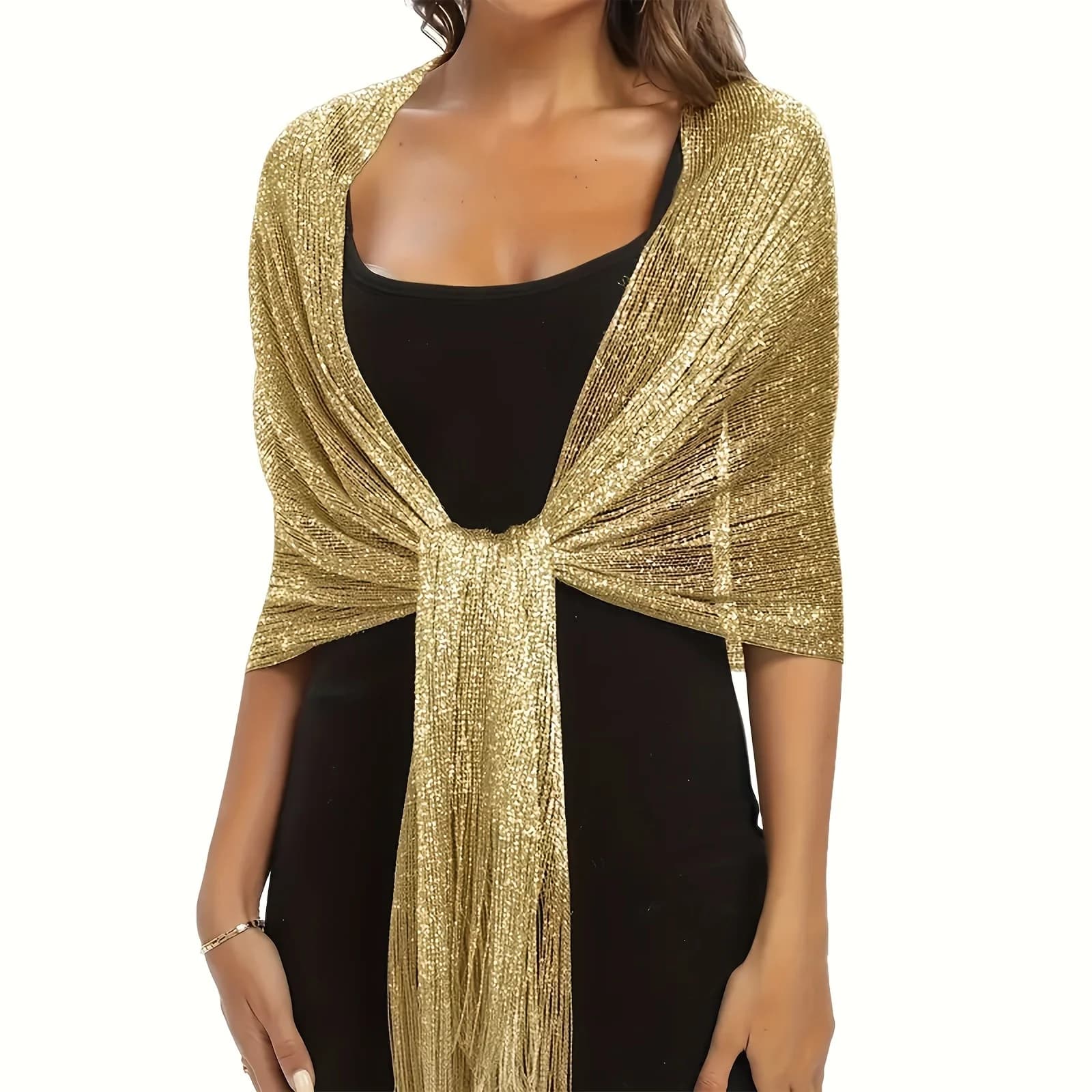 Sciarpe lucide in argento dorato Hijab con protezione solare in seta brillante alla moda per le donne Sciarpa per abito da sera con nappa in pizzo