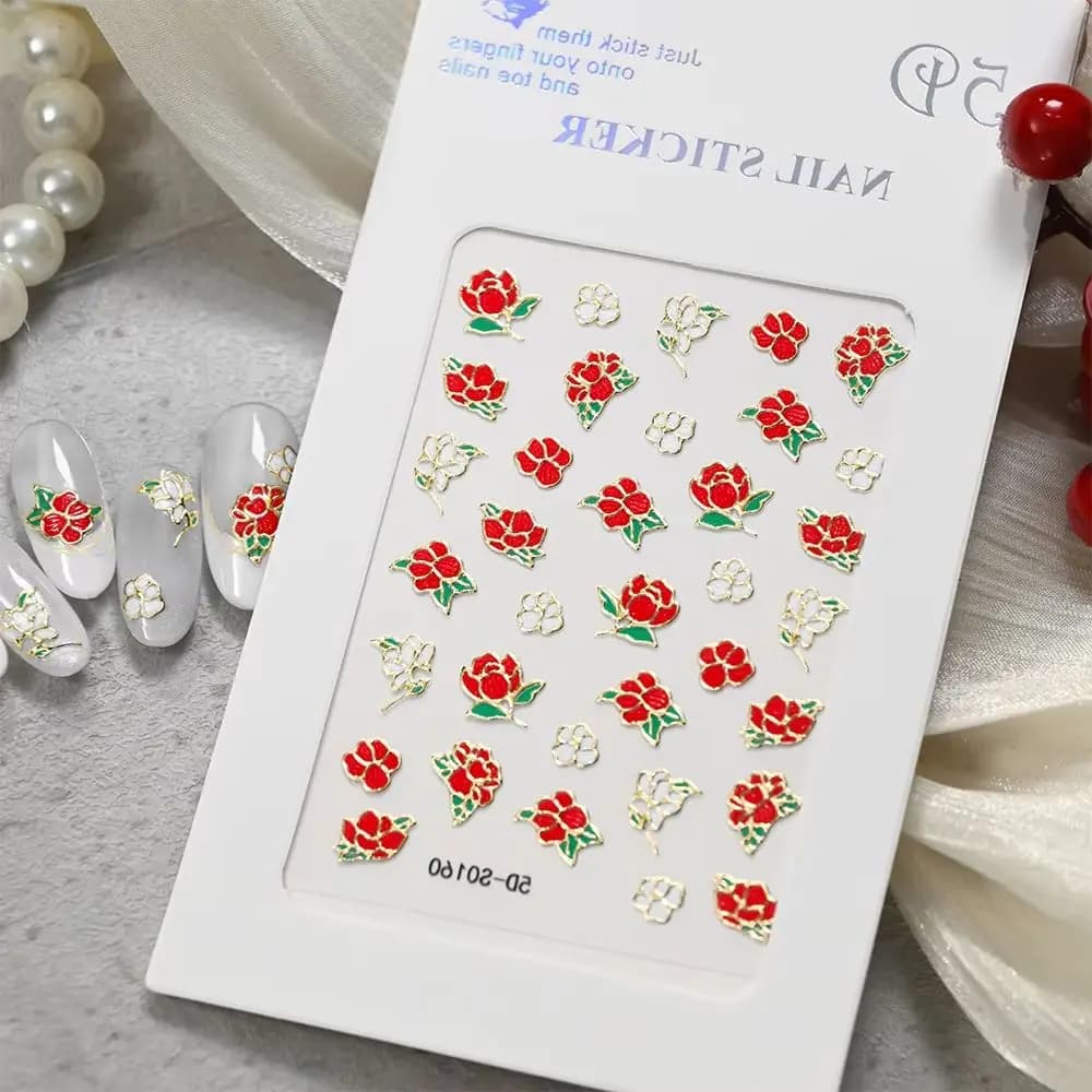 1Pc 5D Red White Rose Nail Art Stickers Enamel Design Gold Trim Floral Nail Decals Self-Adhesive for DIY Home & Party Manicure *