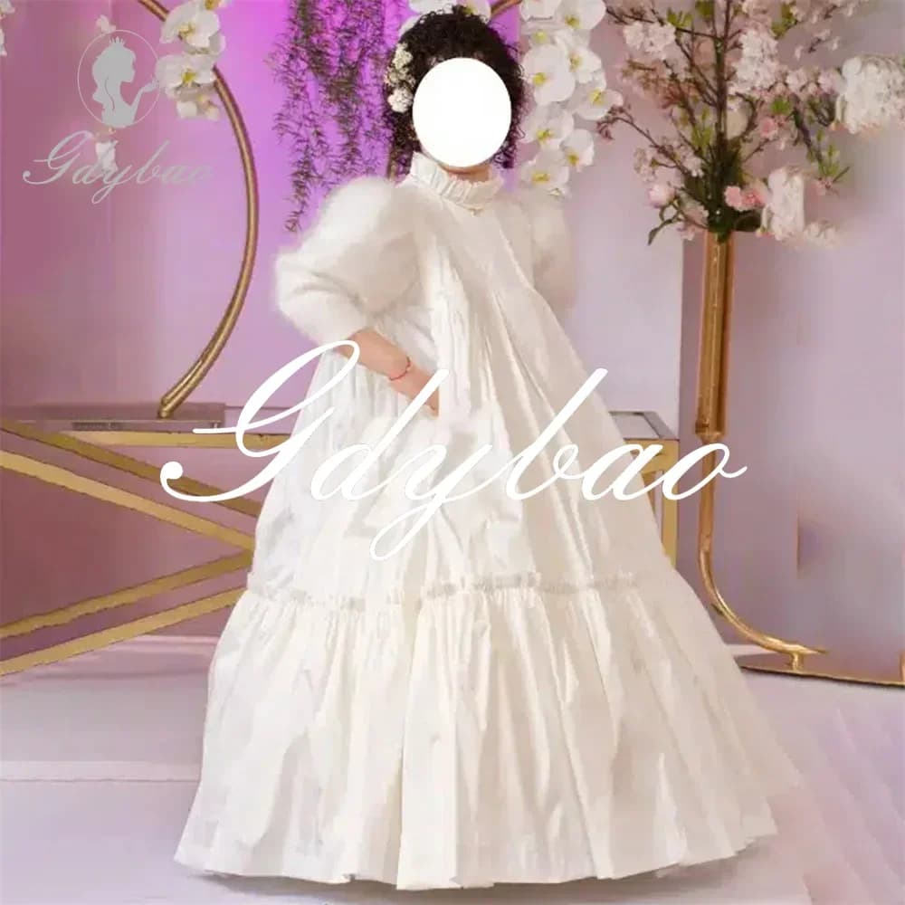 Elegante collo alto manica lunga una linea formale abito da prima comunione lunghezza pavimento classico abito lungo da ragazza di fiori personalizzato